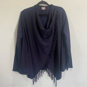 Chico's Women’s 3 = XL Fringe Edge Wrap Knit Cardigan Sweater Button Close Navy‎